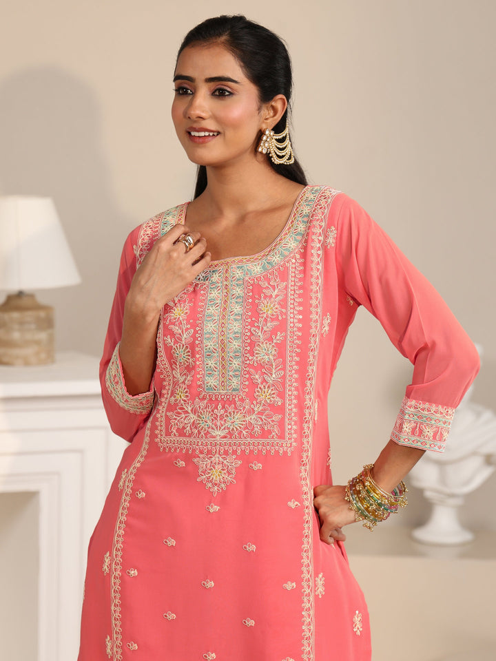 Libas Coral Floral Embroidered Georgette Straight Suit Set