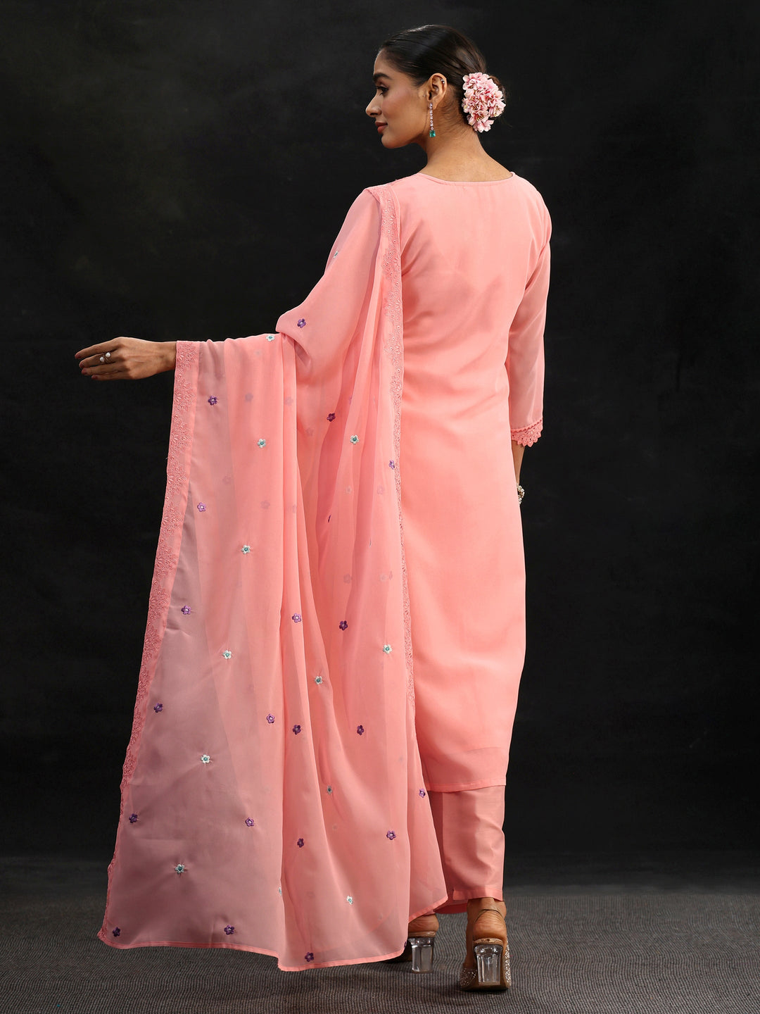 Libas Baby Pink Floral Embroidered Georgette Straight Suit Set