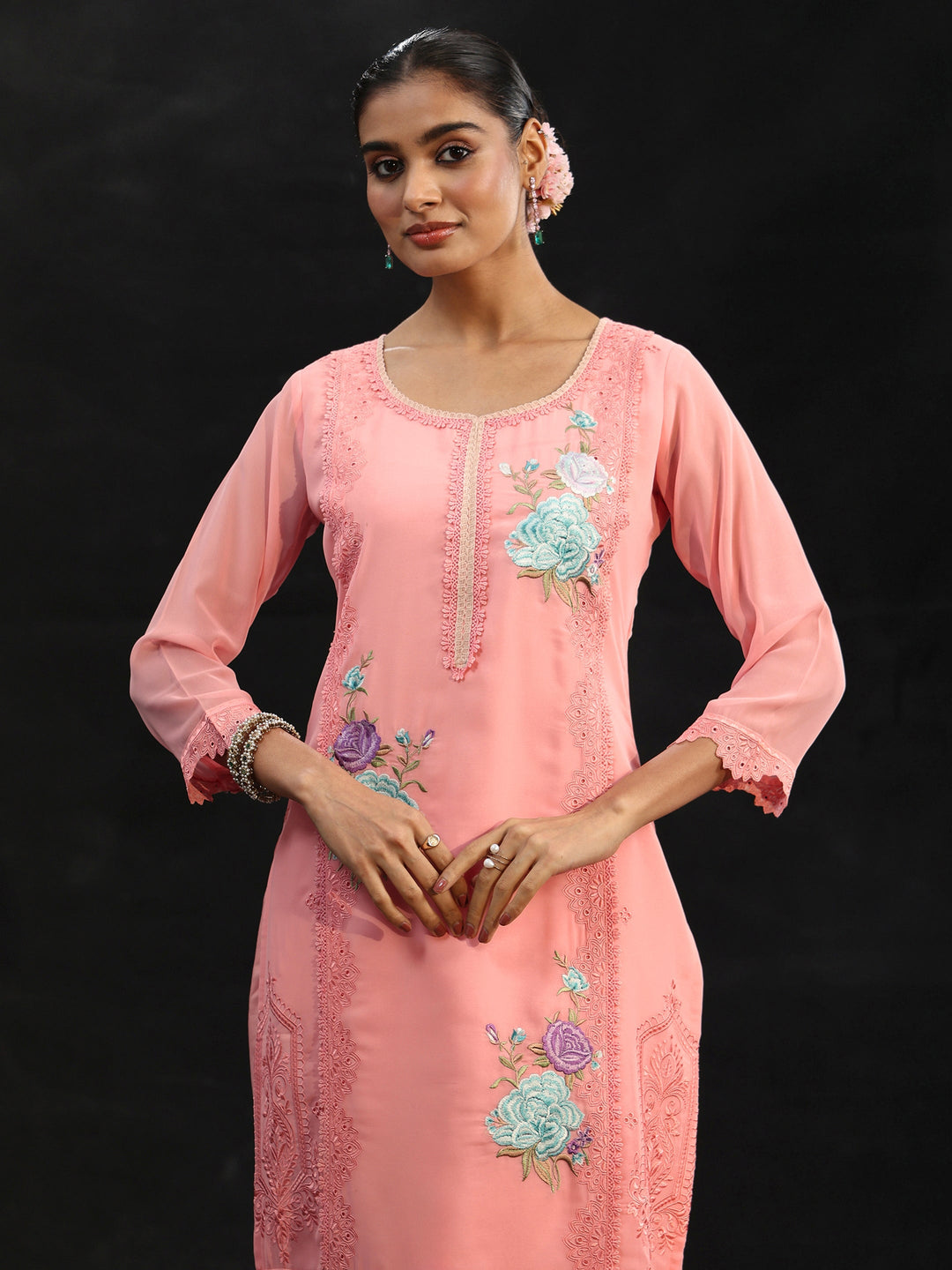 Libas Baby Pink Floral Embroidered Georgette Straight Suit Set