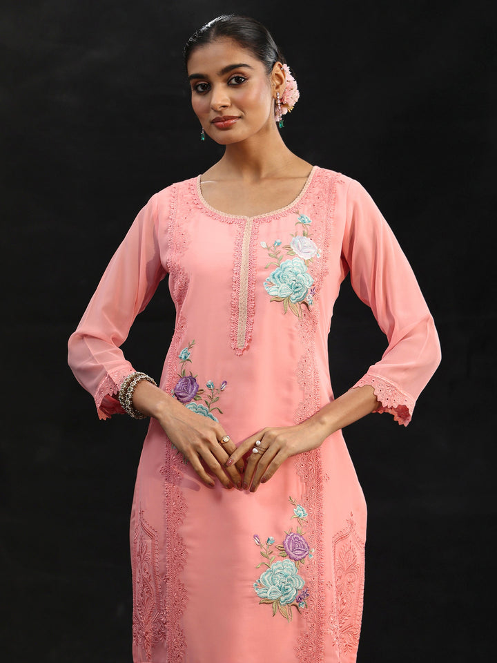 Libas Baby Pink Floral Embroidered Georgette Straight Suit Set