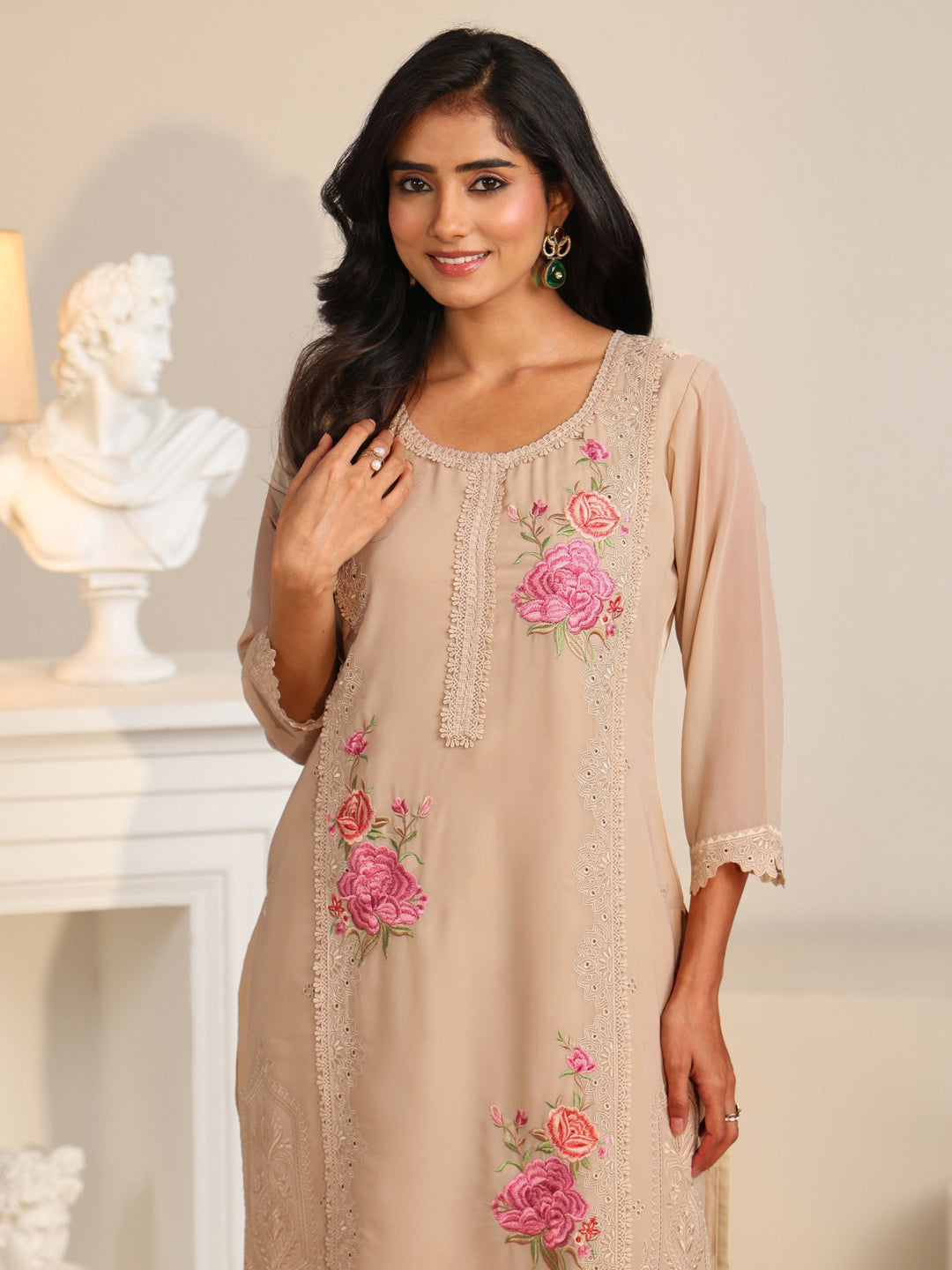Libas Beige Floral Embroidered Georgette Straight Suit Set