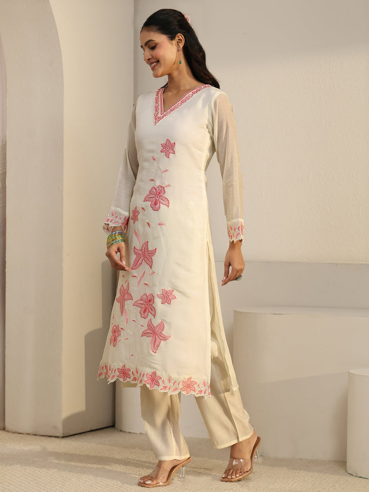 Libas White Floral Embroidered Chanderi Cotton Straight Suit Set