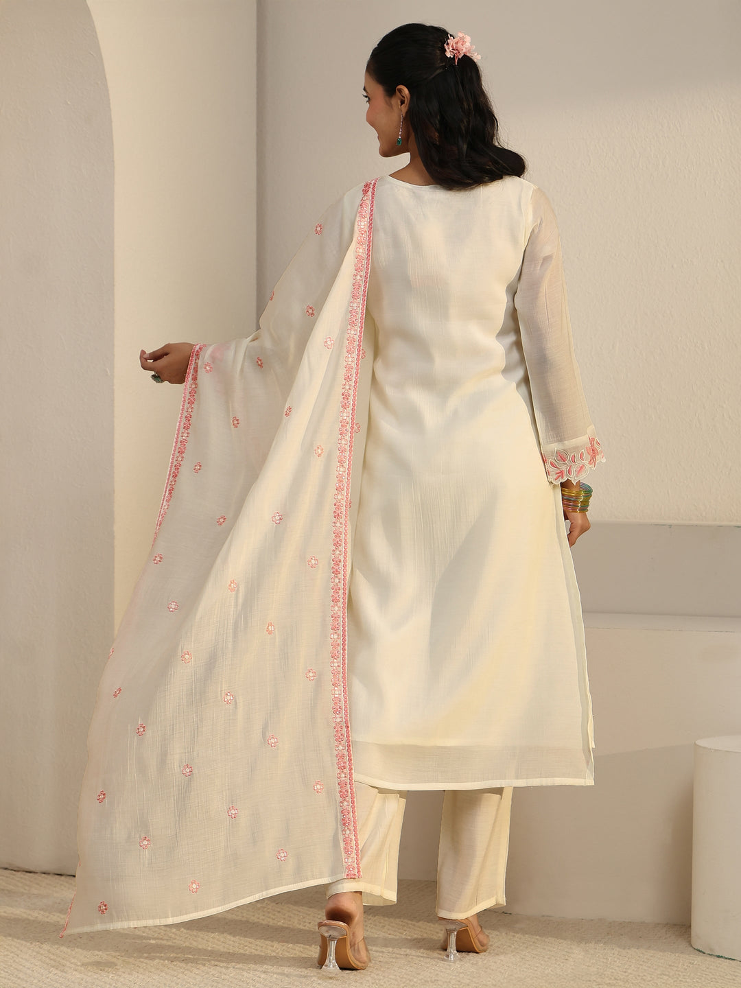 Libas White Floral Embroidered Chanderi Cotton Straight Suit Set