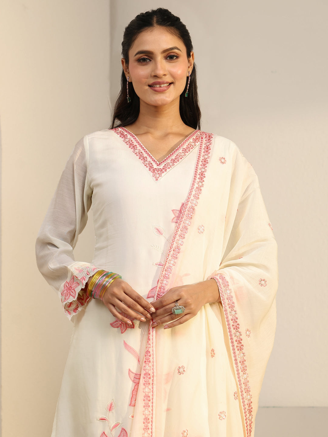 Libas White Floral Embroidered Chanderi Cotton Straight Suit Set