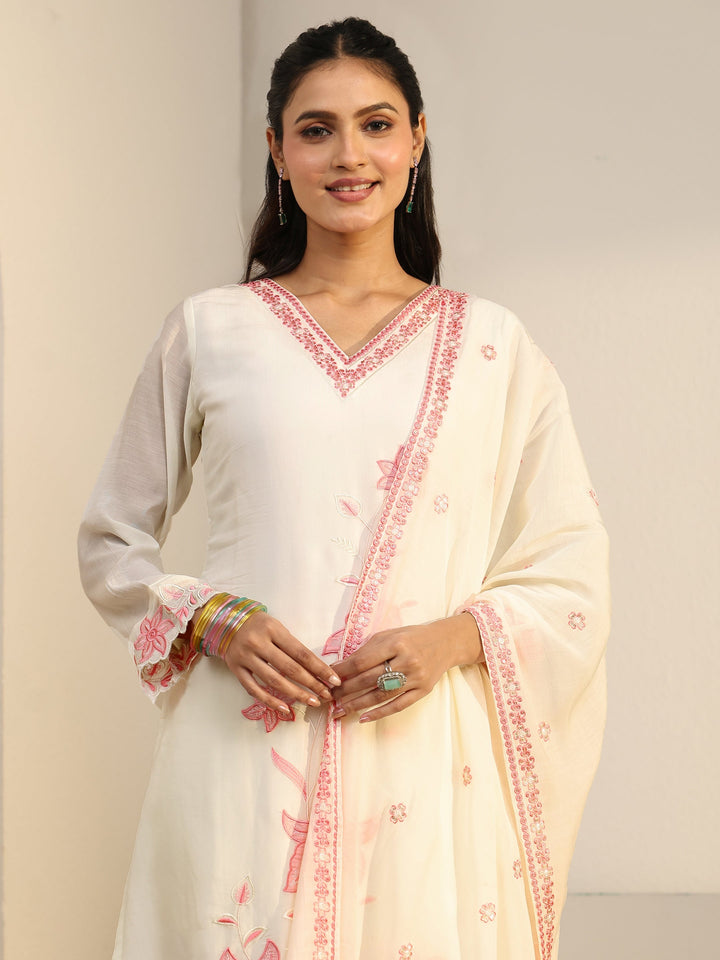 Libas White Floral Embroidered Chanderi Cotton Straight Suit Set