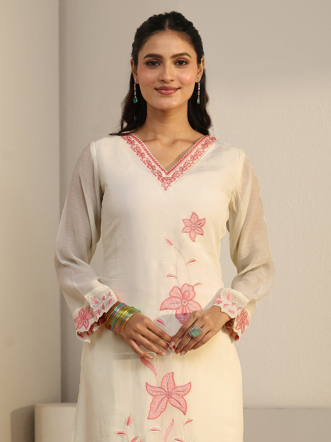 Libas White Floral Embroidered Chanderi Cotton Straight Suit Set