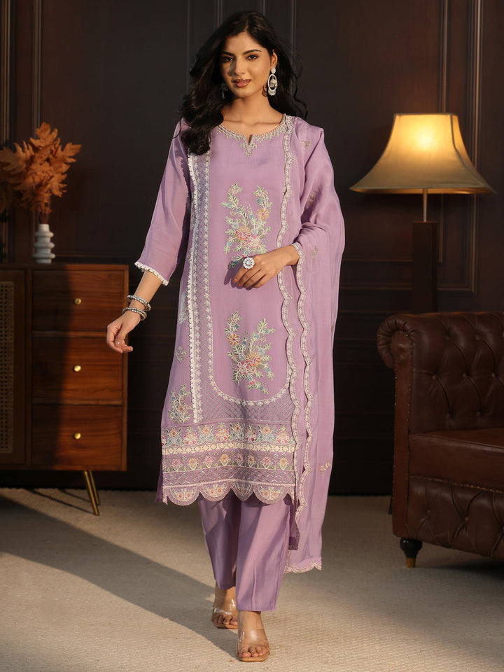 Libas Lavender Floral Embroidered Chanderi Cotton Straight Suit Set