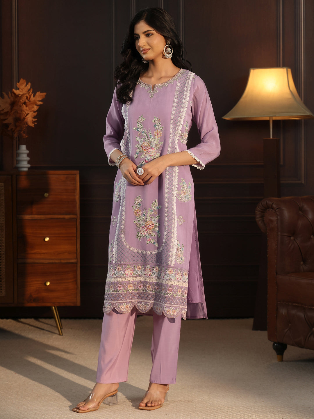 Libas Lavender Floral Embroidered Chanderi Cotton Straight Suit Set