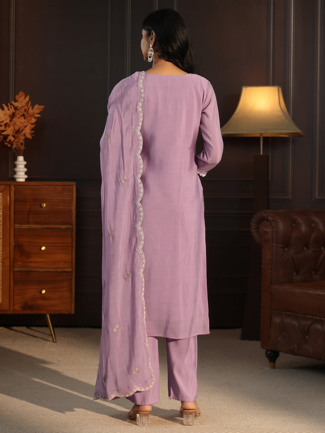Libas Lavender Floral Embroidered Chanderi Cotton Straight Suit Set