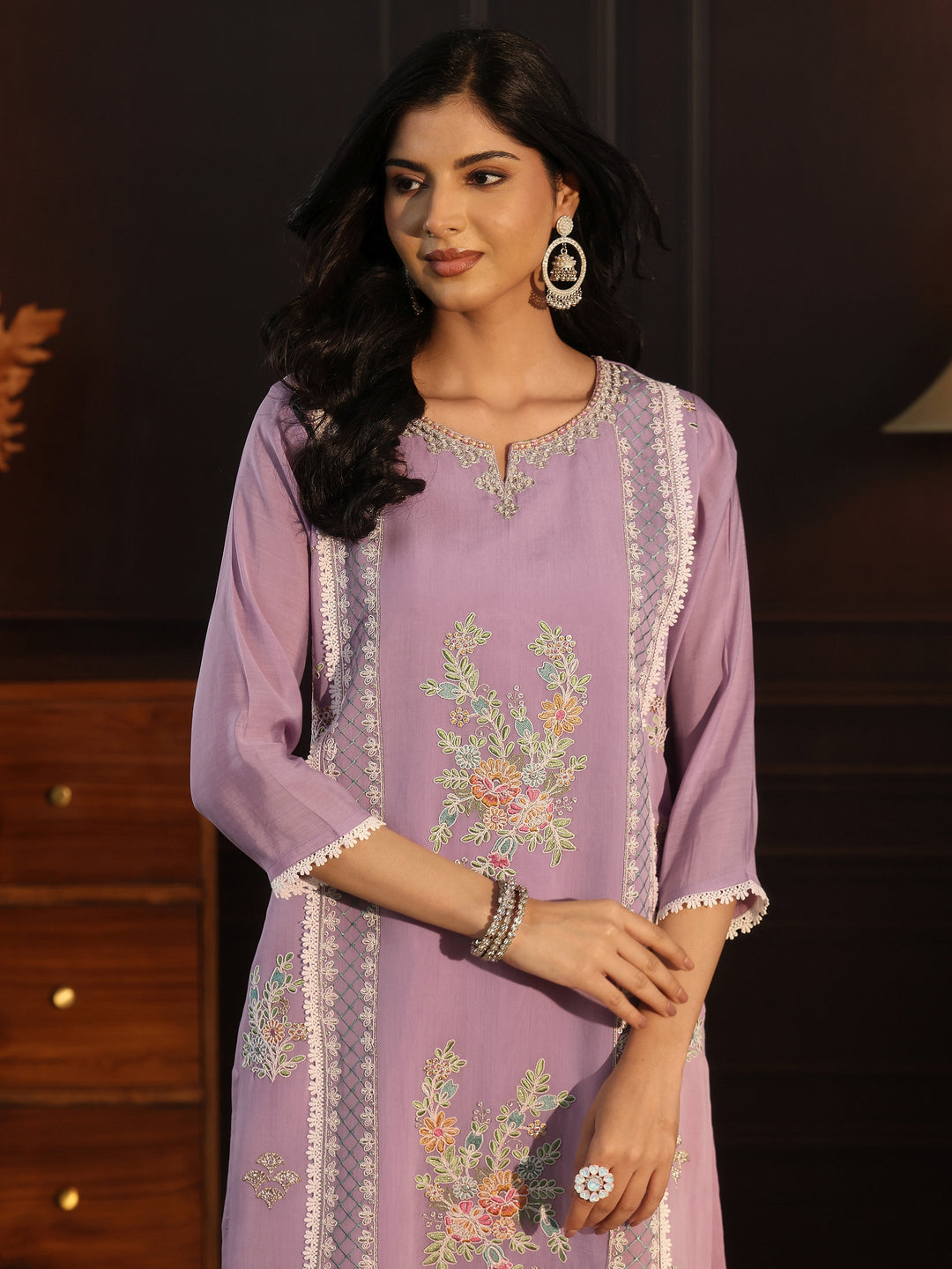 Libas Lavender Floral Embroidered Chanderi Cotton Straight Suit Set
