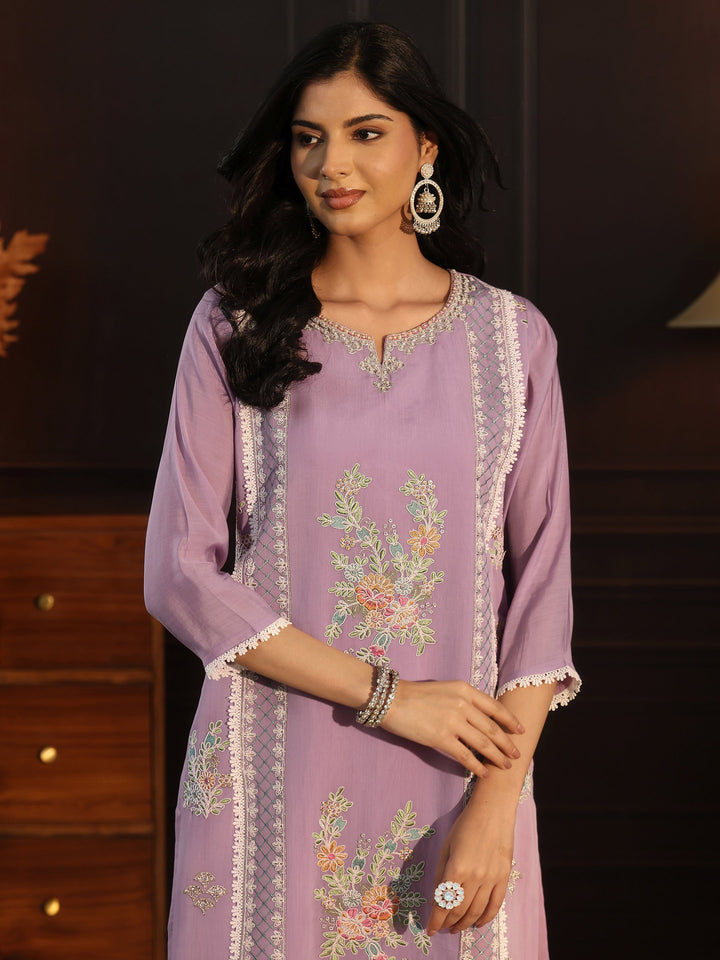 Libas Lavender Floral Embroidered Chanderi Cotton Straight Suit Set