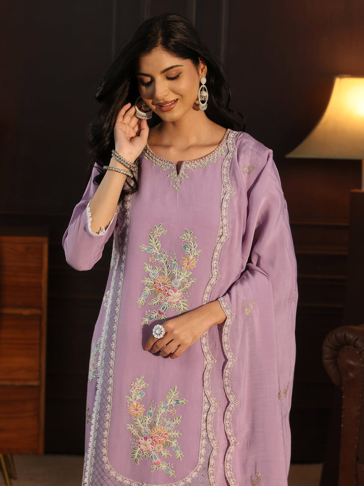 Libas Lavender Floral Embroidered Chanderi Cotton Straight Suit Set