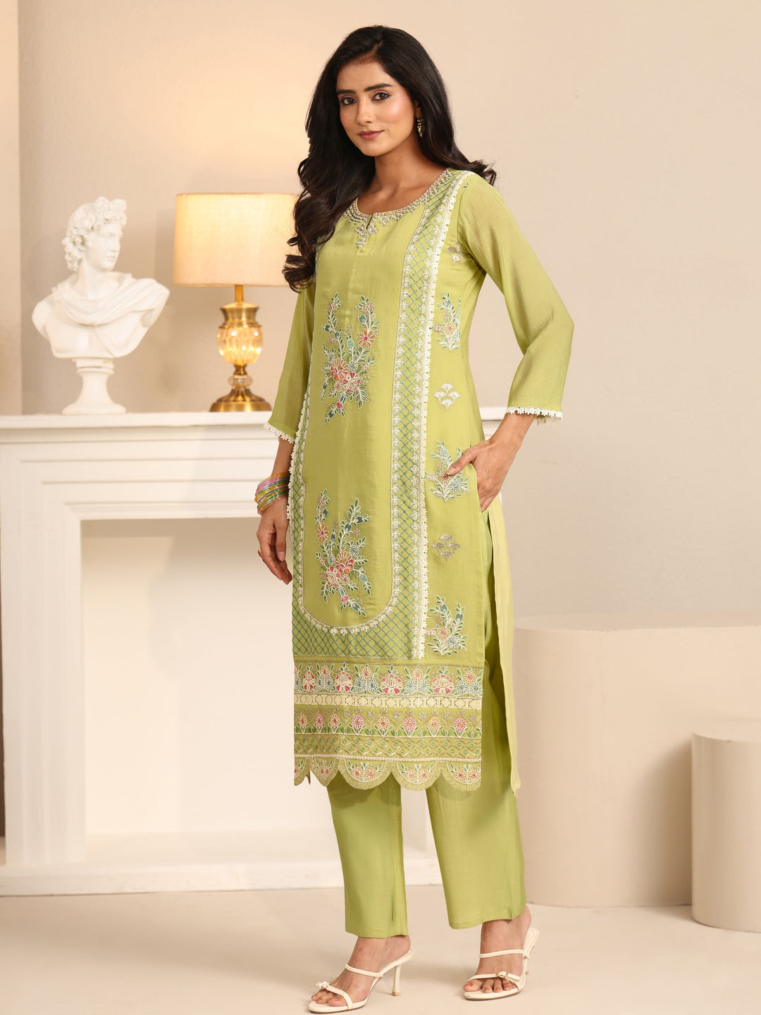 Libas Pista Green Floral Embroidered Chanderi Cotton Straight Suit Set