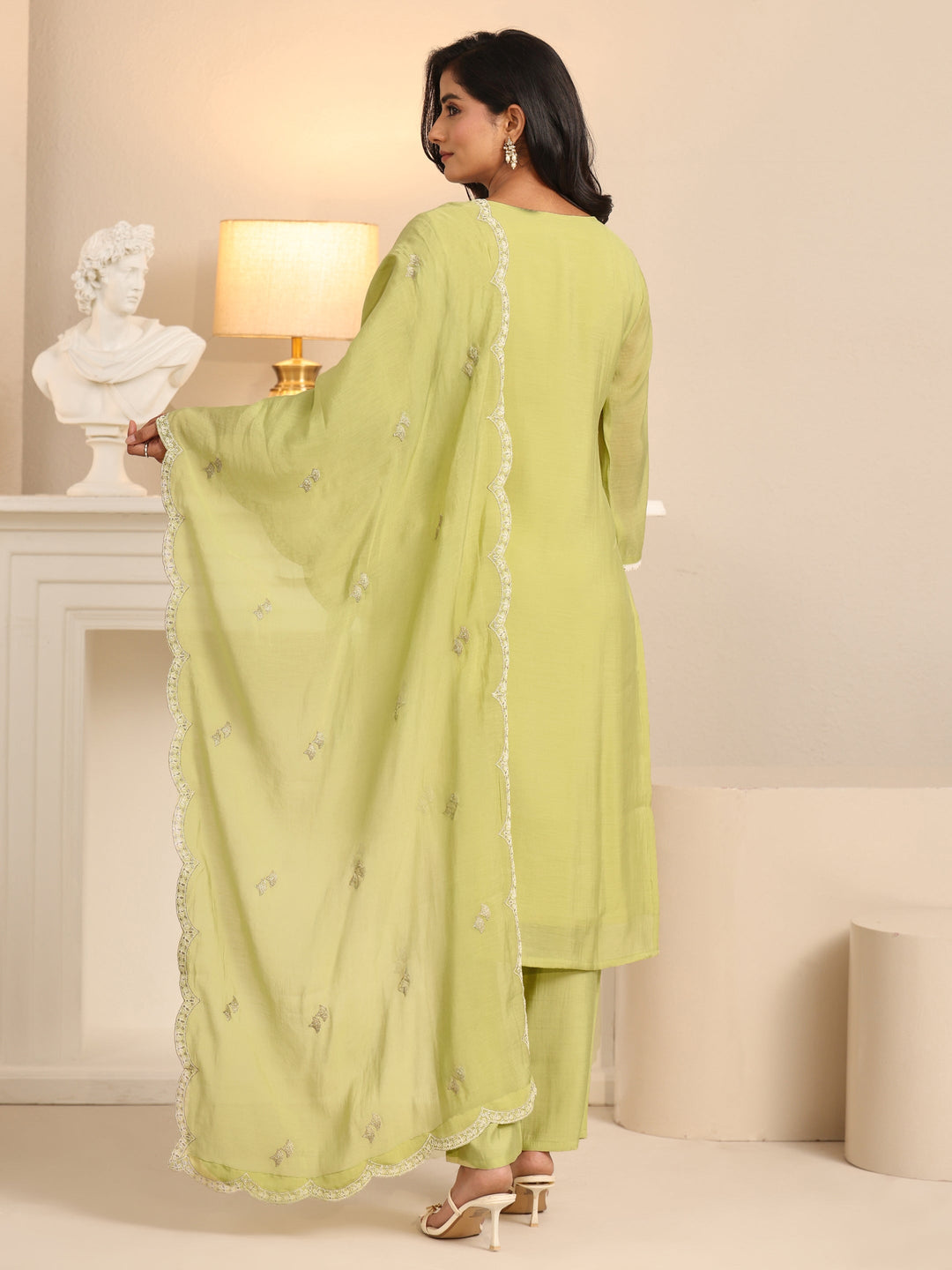 Libas Pista Green Floral Embroidered Chanderi Cotton Straight Suit Set
