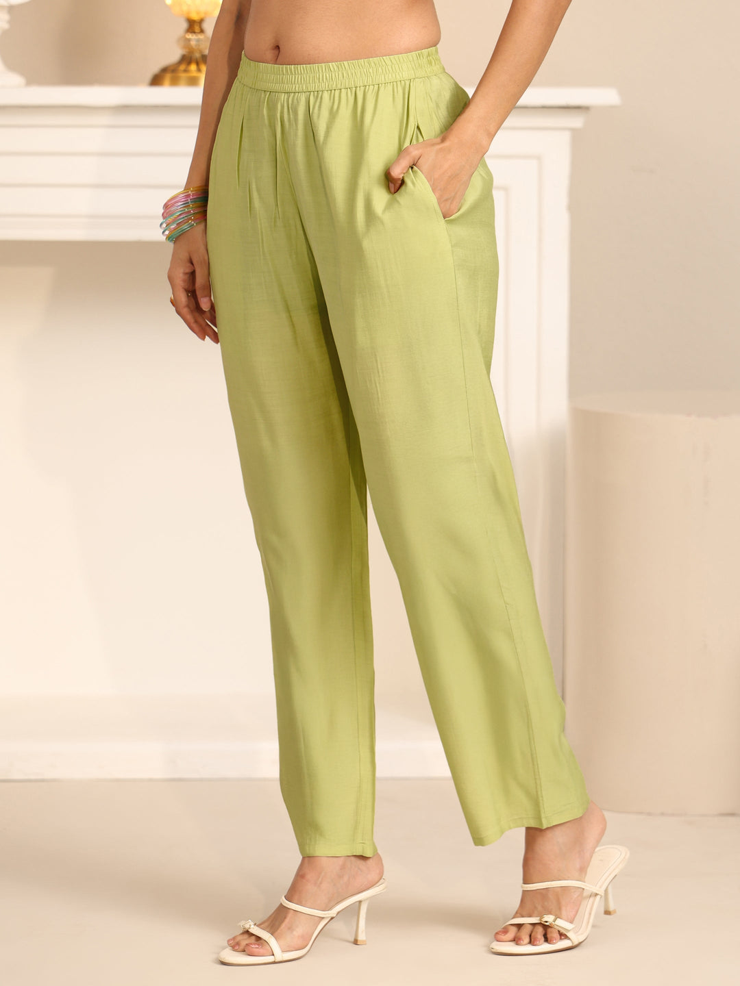 Libas Pista Green Floral Embroidered Chanderi Cotton Straight Suit Set