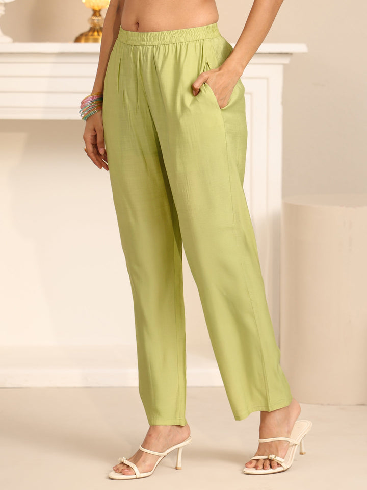 Libas Pista Green Floral Embroidered Chanderi Cotton Straight Suit Set
