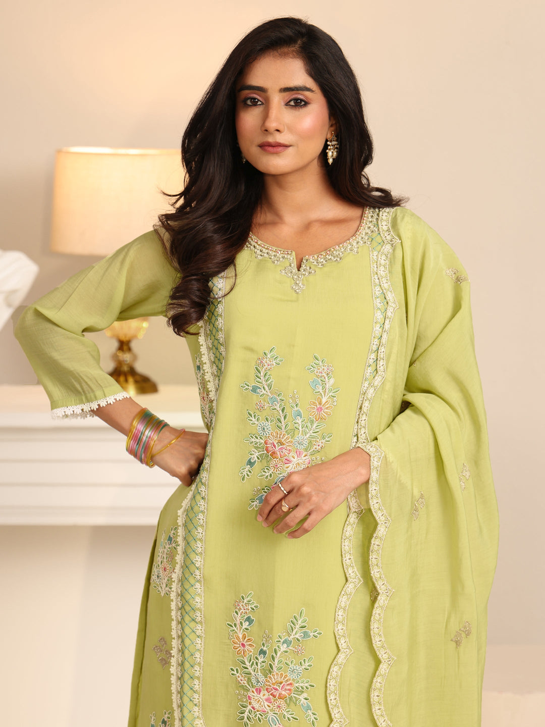 Libas Pista Green Floral Embroidered Chanderi Cotton Straight Suit Set