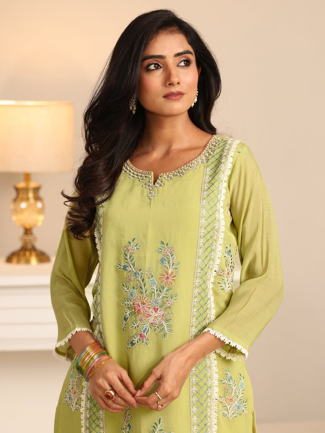 Libas Pista Green Floral Embroidered Chanderi Cotton Straight Suit Set