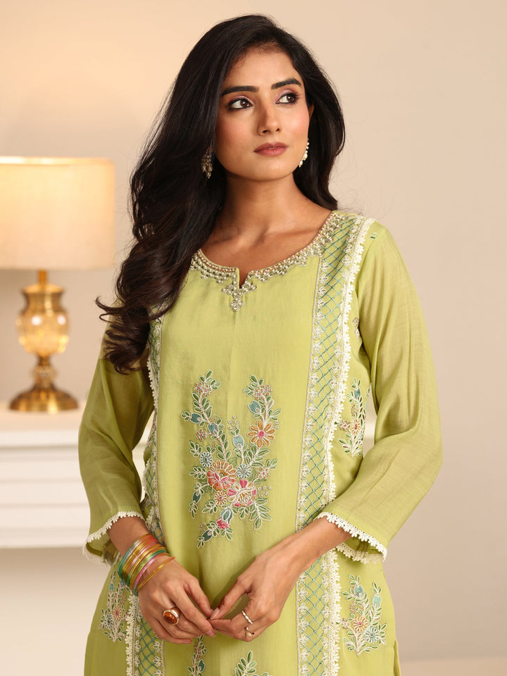 Libas Pista Green Floral Embroidered Chanderi Cotton Straight Suit Set