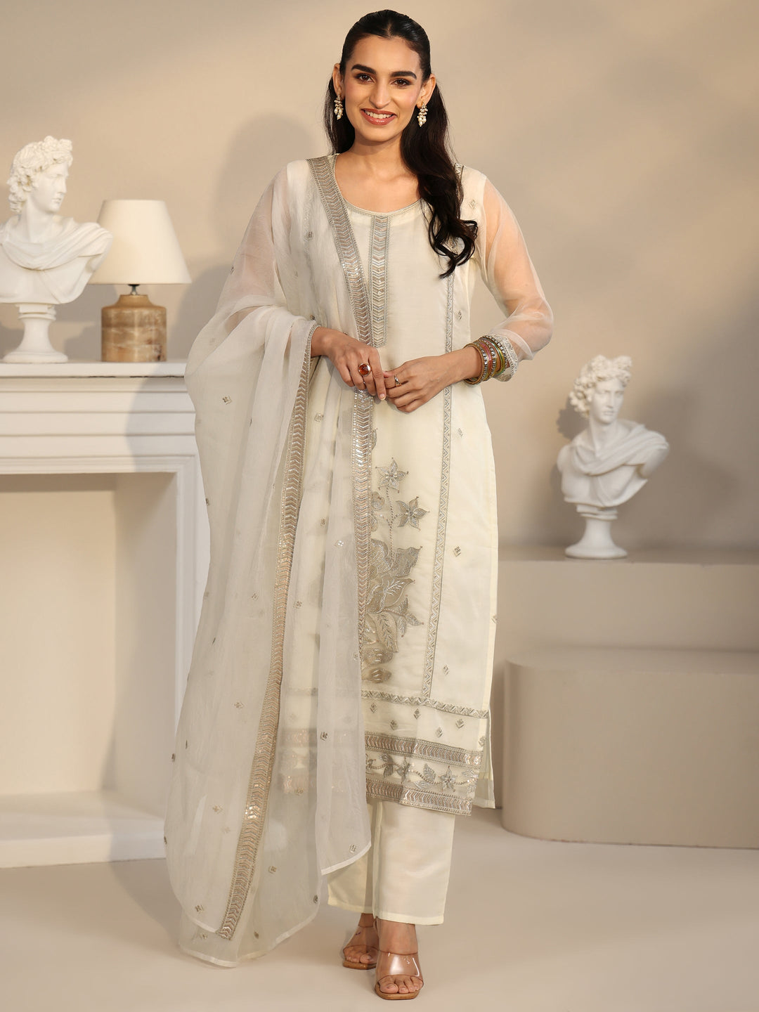 Libas Off White Floral Embellished Organza Straight Suit Set