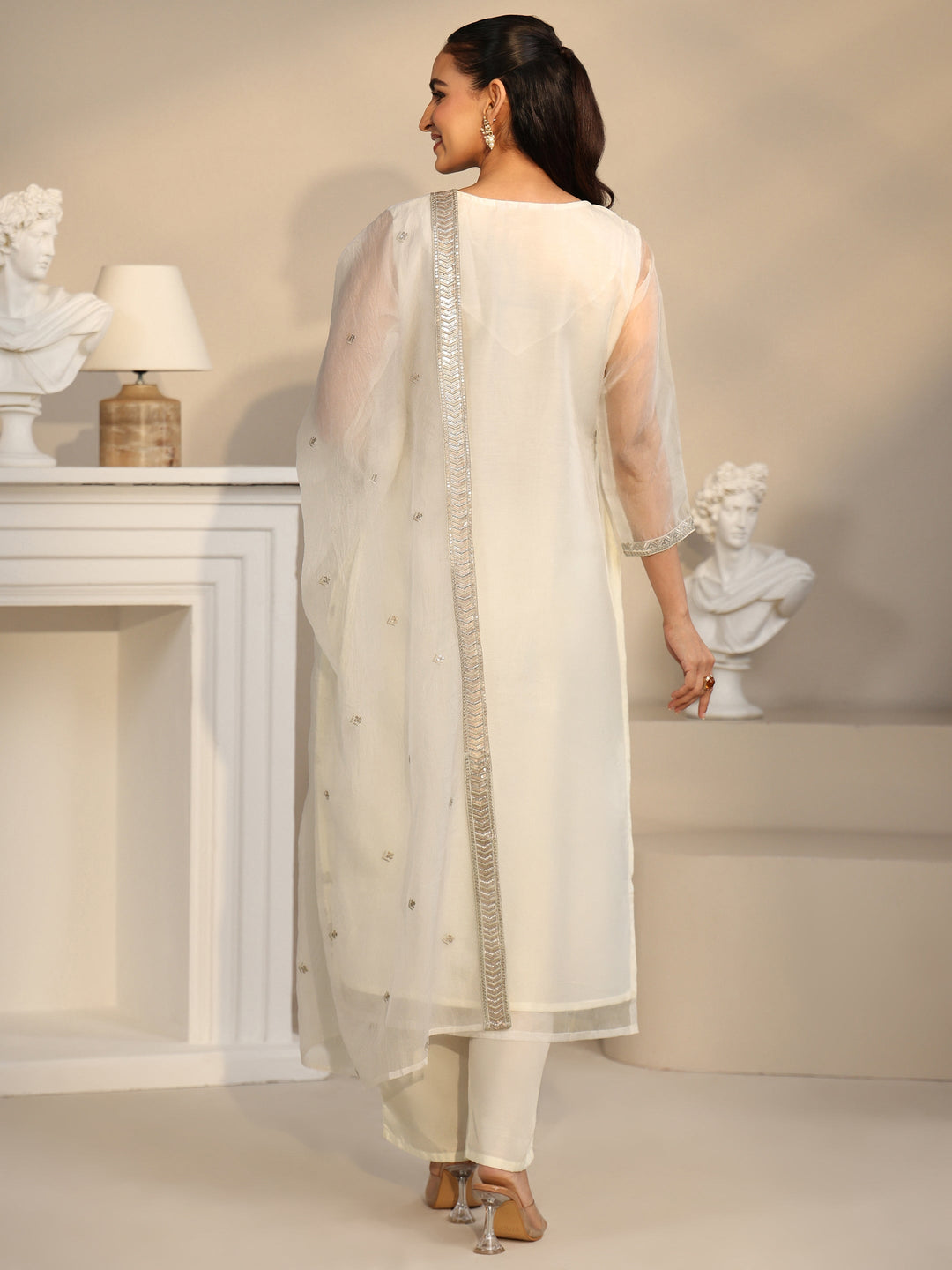 Libas Off White Floral Embellished Organza Straight Suit Set