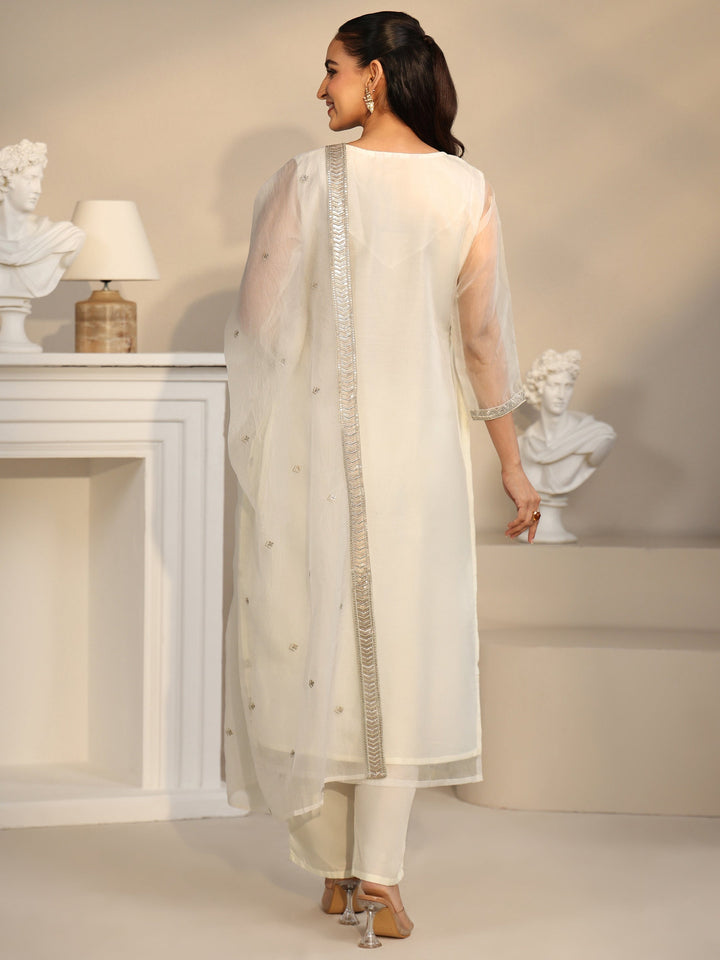 Libas Off White Floral Embellished Organza Straight Suit Set