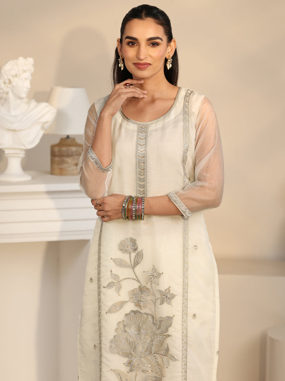 Libas Off White Floral Embellished Organza Straight Suit Set