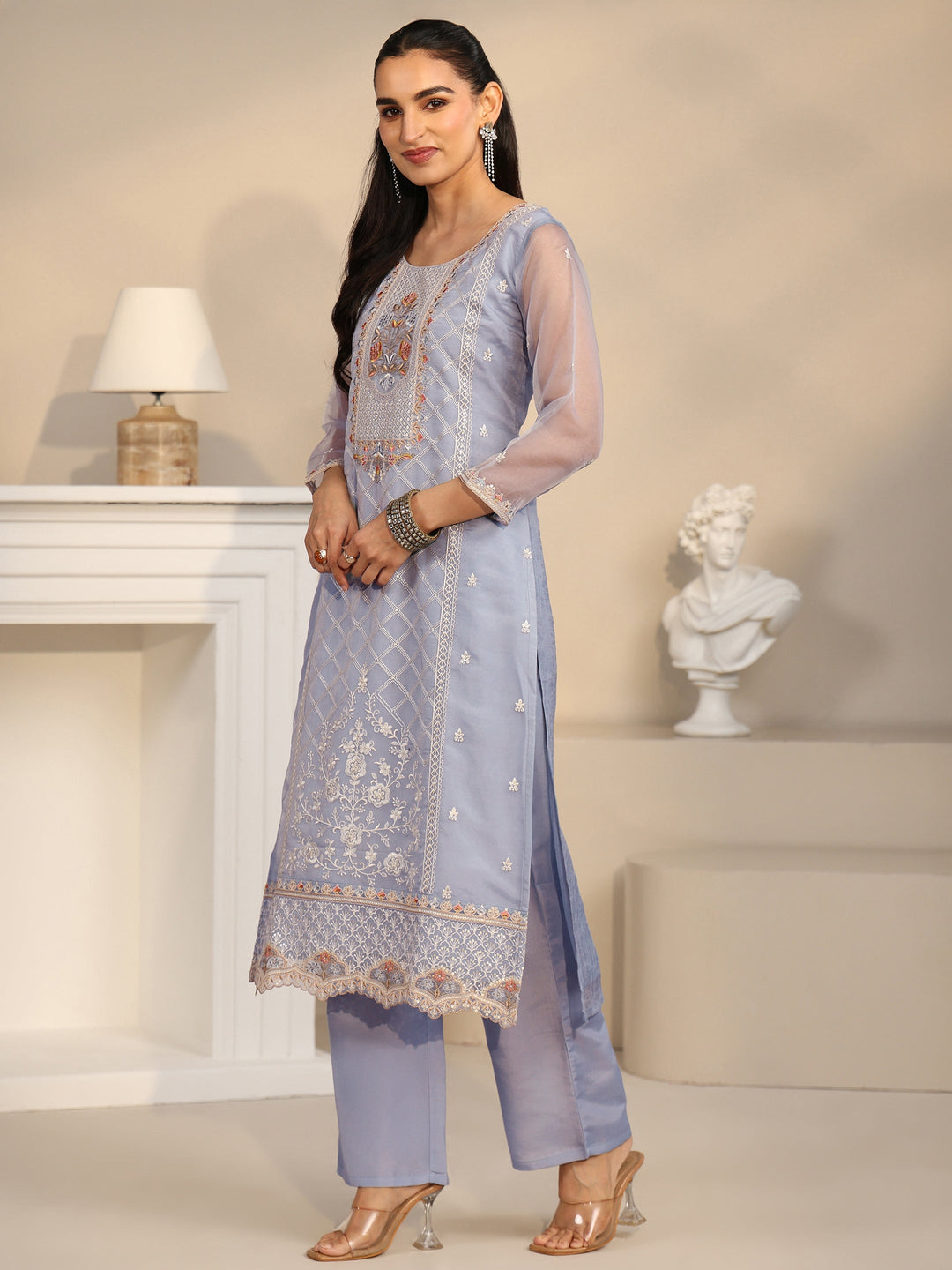 Libas Ice Blue Floral Embroidered Organza Straight Suit Set