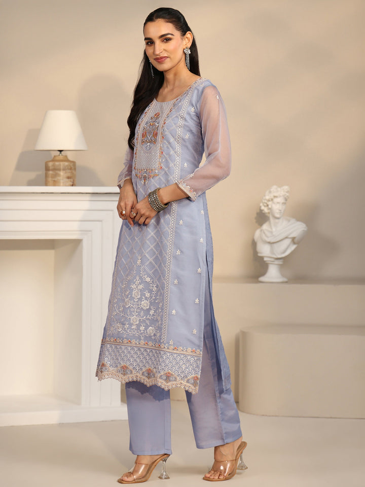 Libas Ice Blue Floral Embroidered Organza Straight Suit Set