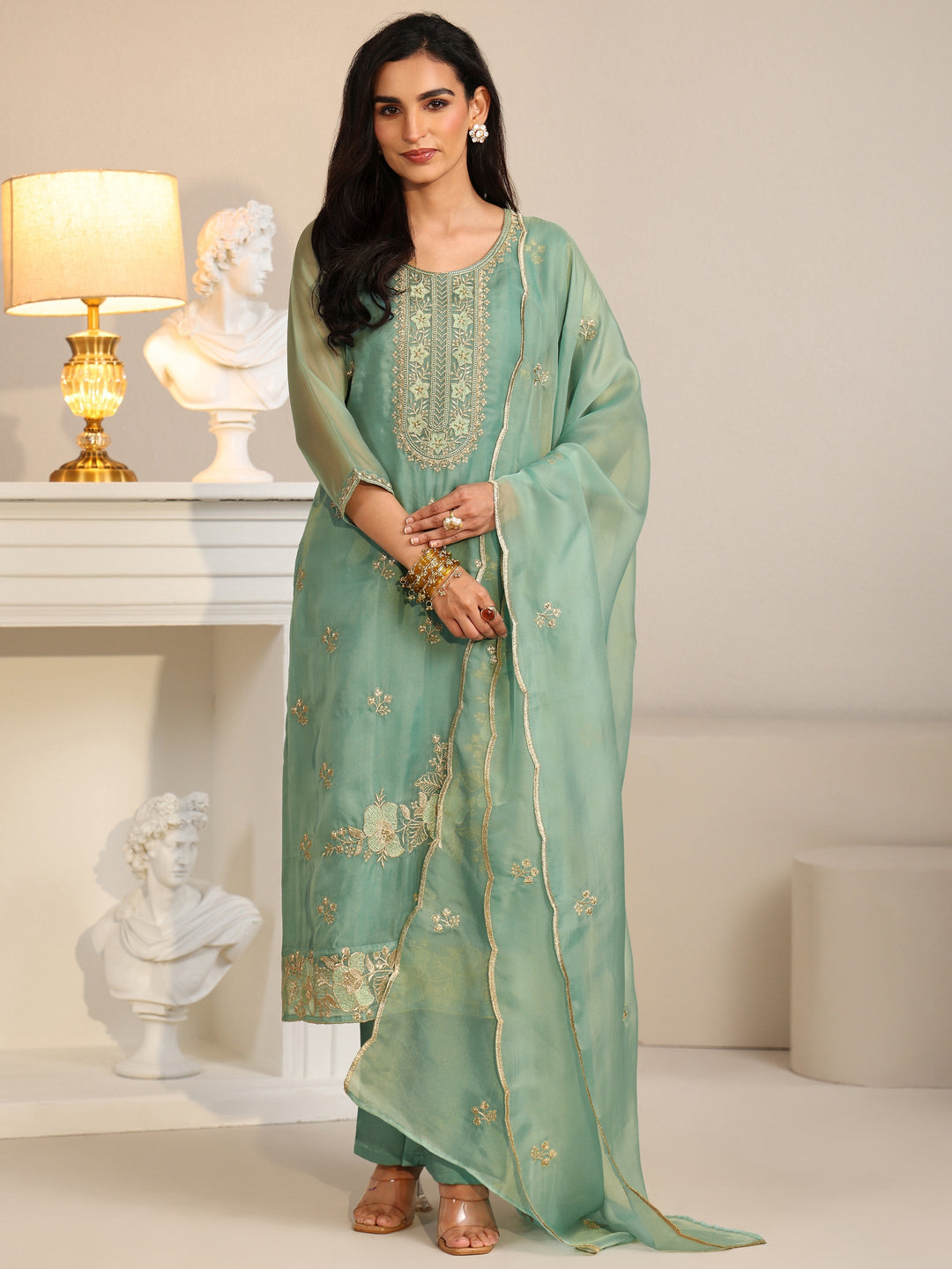 Libas Ocean Blue Floral Embroidered Organza Straight Suit Set