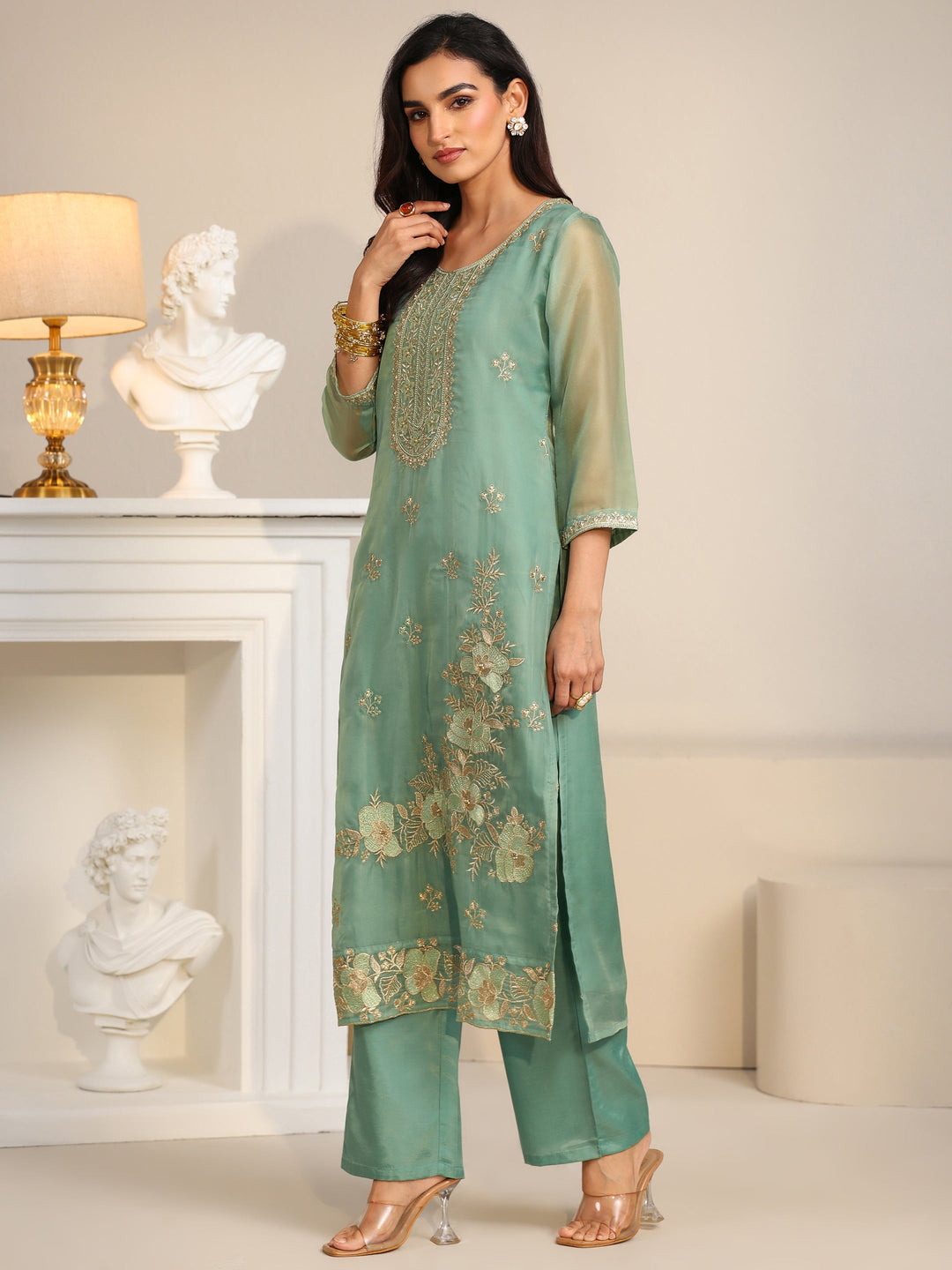 Libas Ocean Blue Floral Embroidered Organza Straight Suit Set