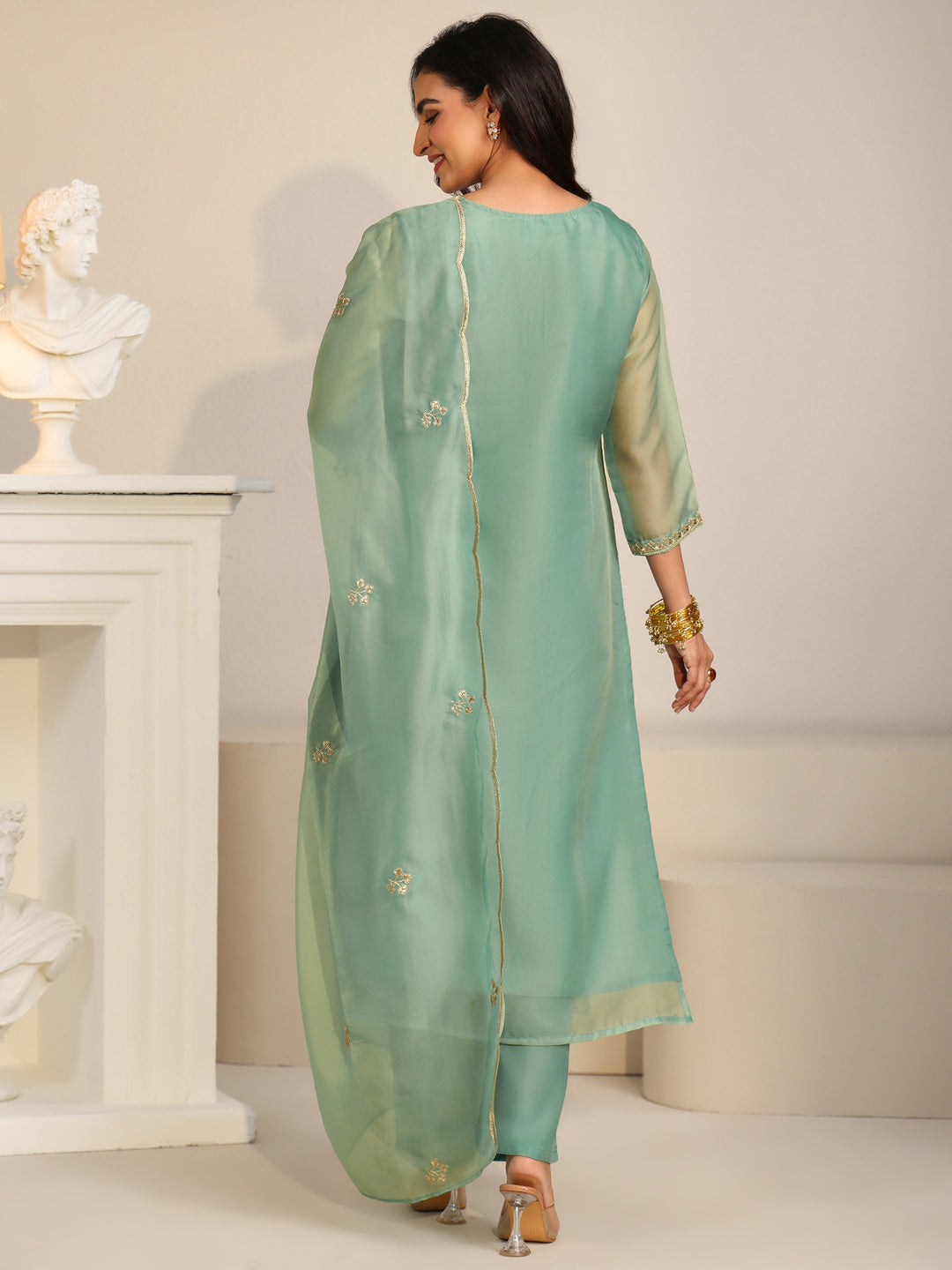 Libas Ocean Blue Floral Embroidered Organza Straight Suit Set