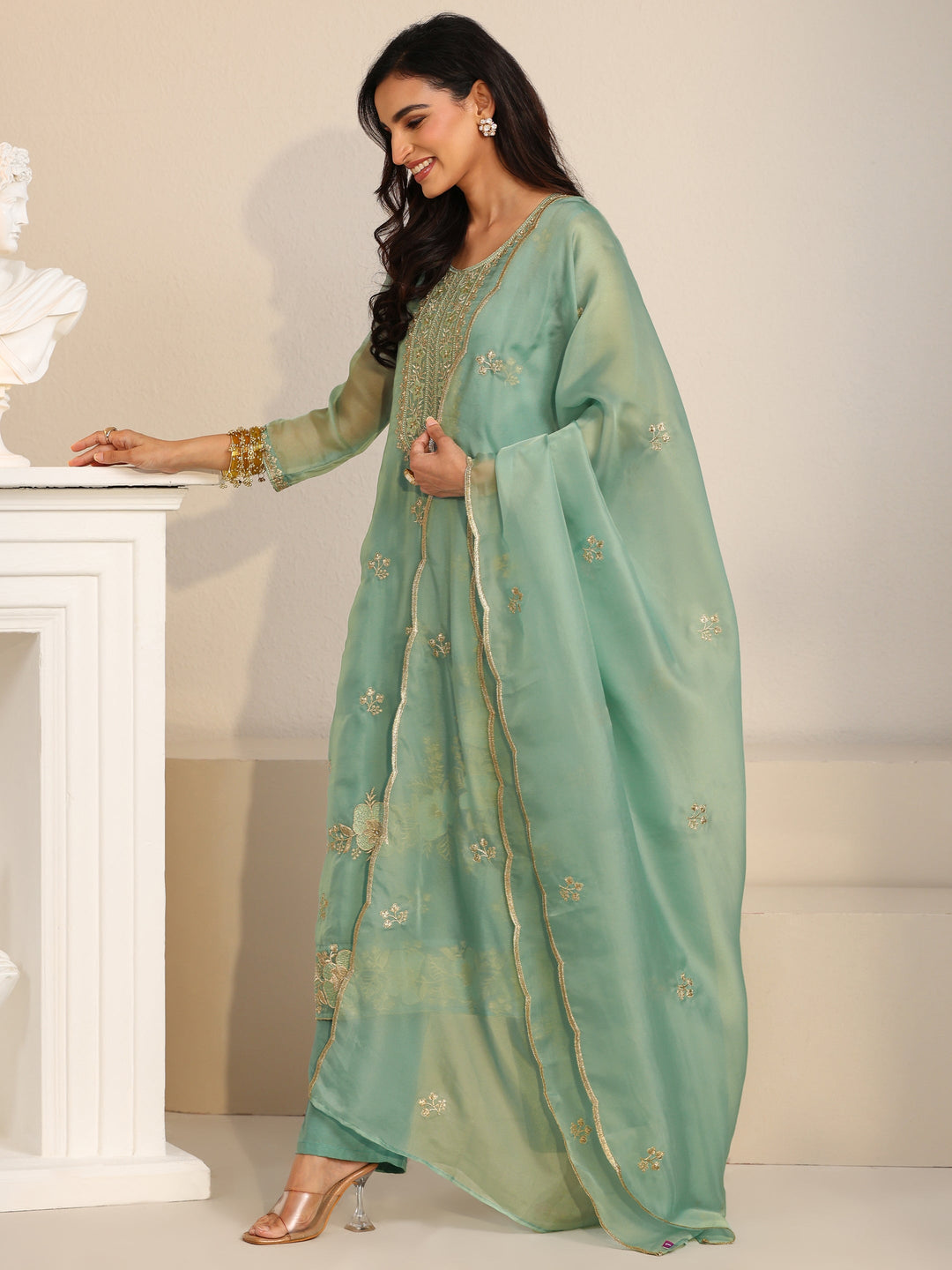Libas Ocean Blue Floral Embroidered Organza Straight Suit Set
