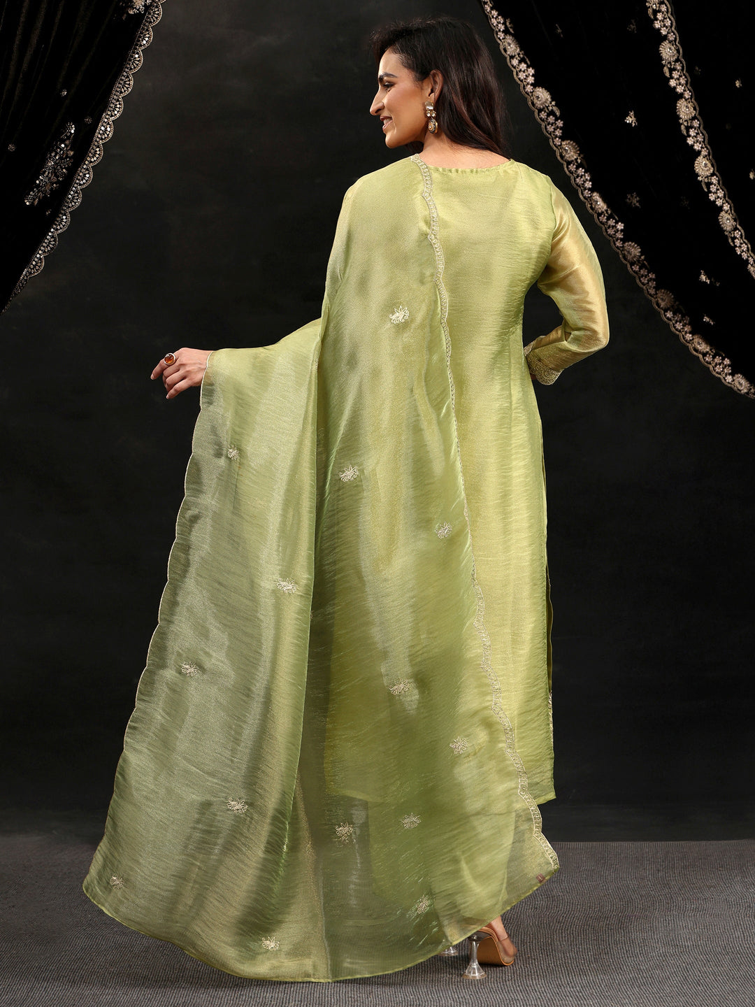 Libas Pista Green Floral Embroidered Organza Straight Suit Set