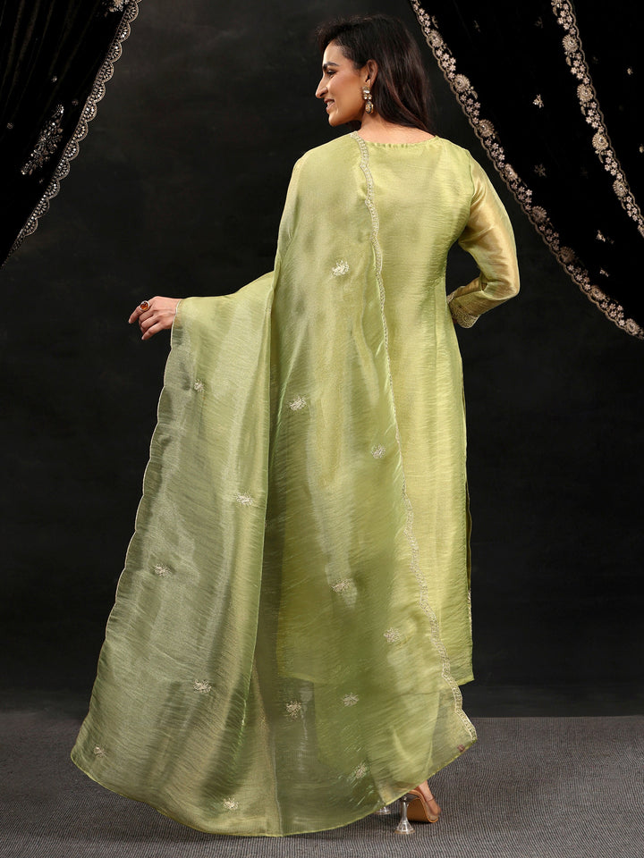 Libas Pista Green Floral Embroidered Organza Straight Suit Set
