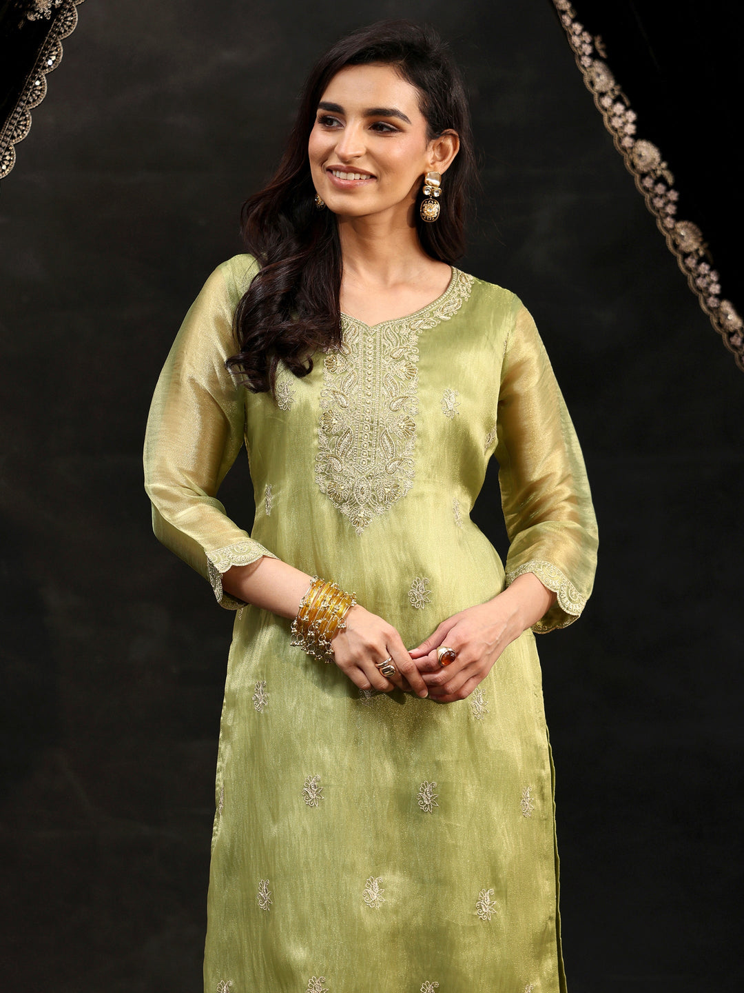 Libas Pista Green Floral Embroidered Organza Straight Suit Set