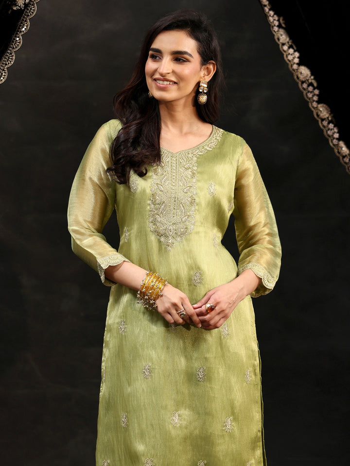Libas Pista Green Floral Embroidered Organza Straight Suit Set