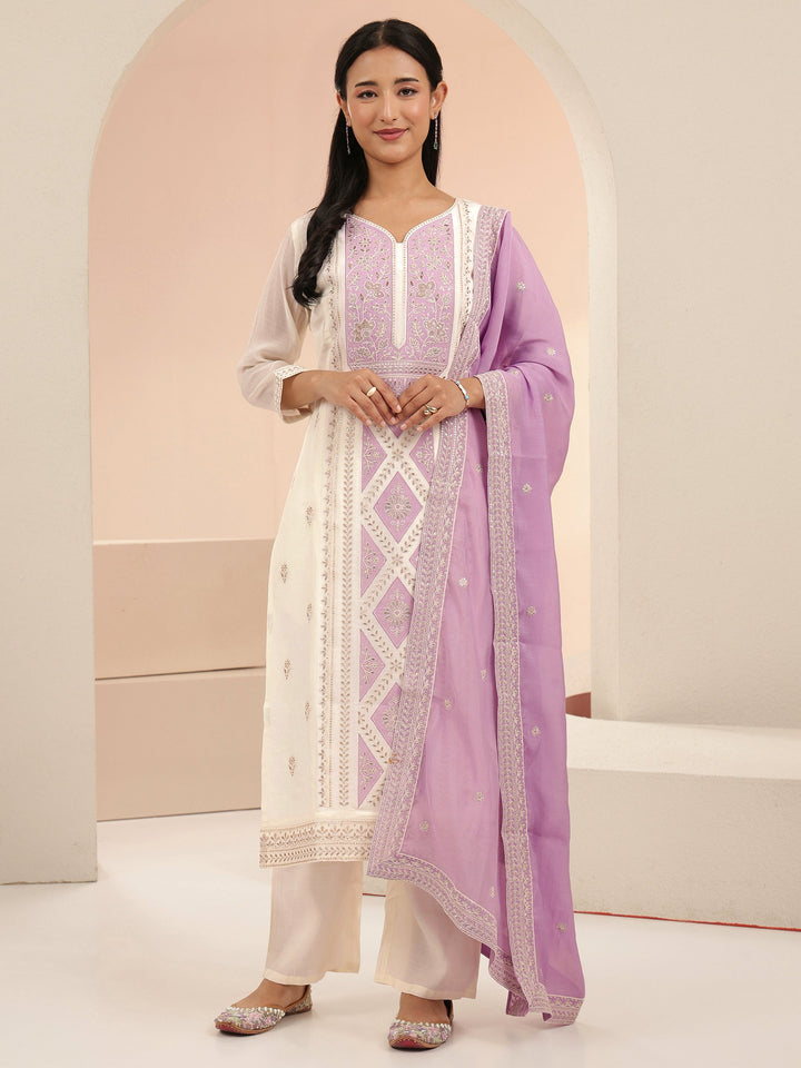 Libas White Floral Embroidered Chanderi Cotton Straight Suit Set