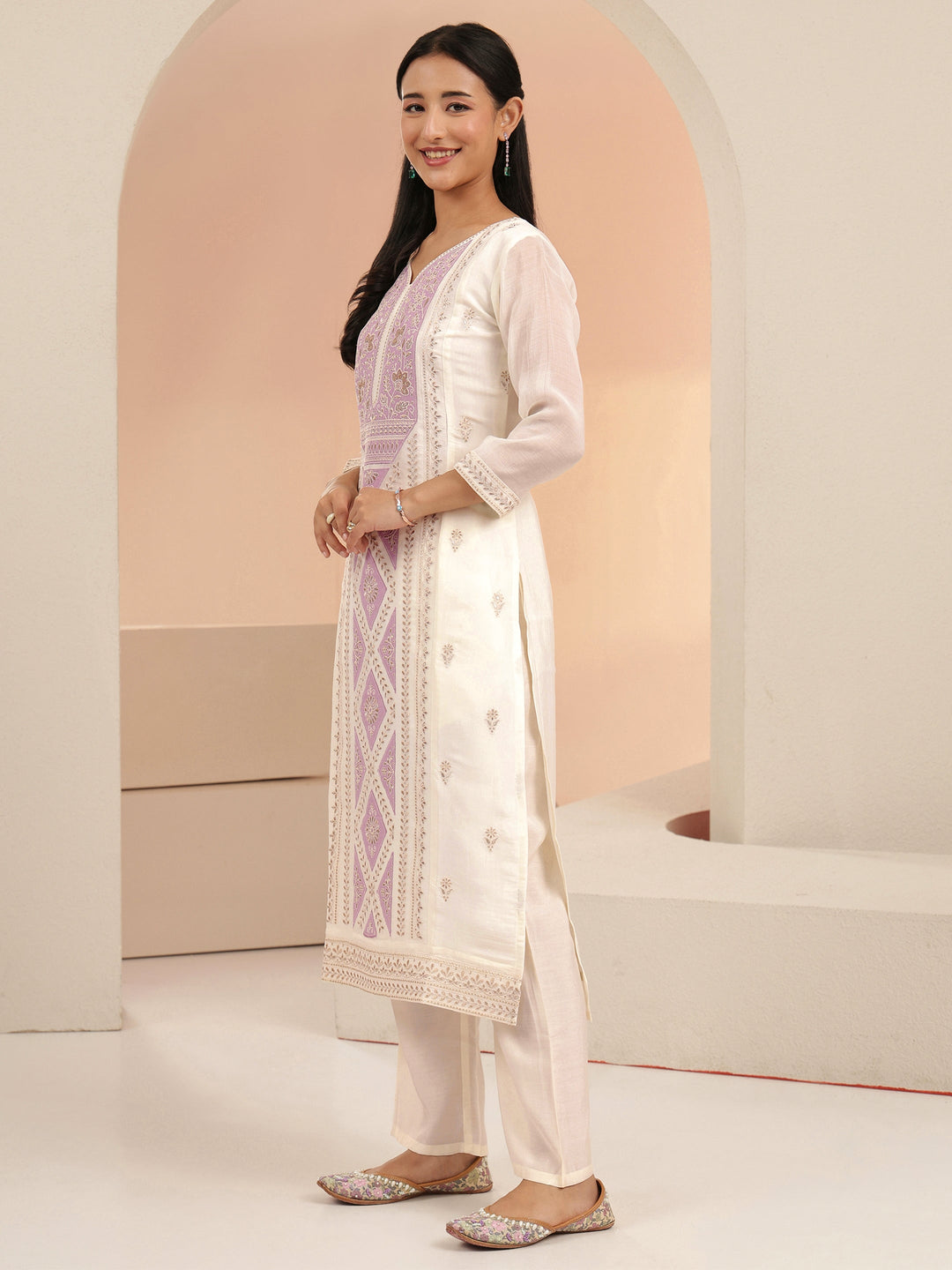 Libas White Floral Embroidered Chanderi Cotton Straight Suit Set