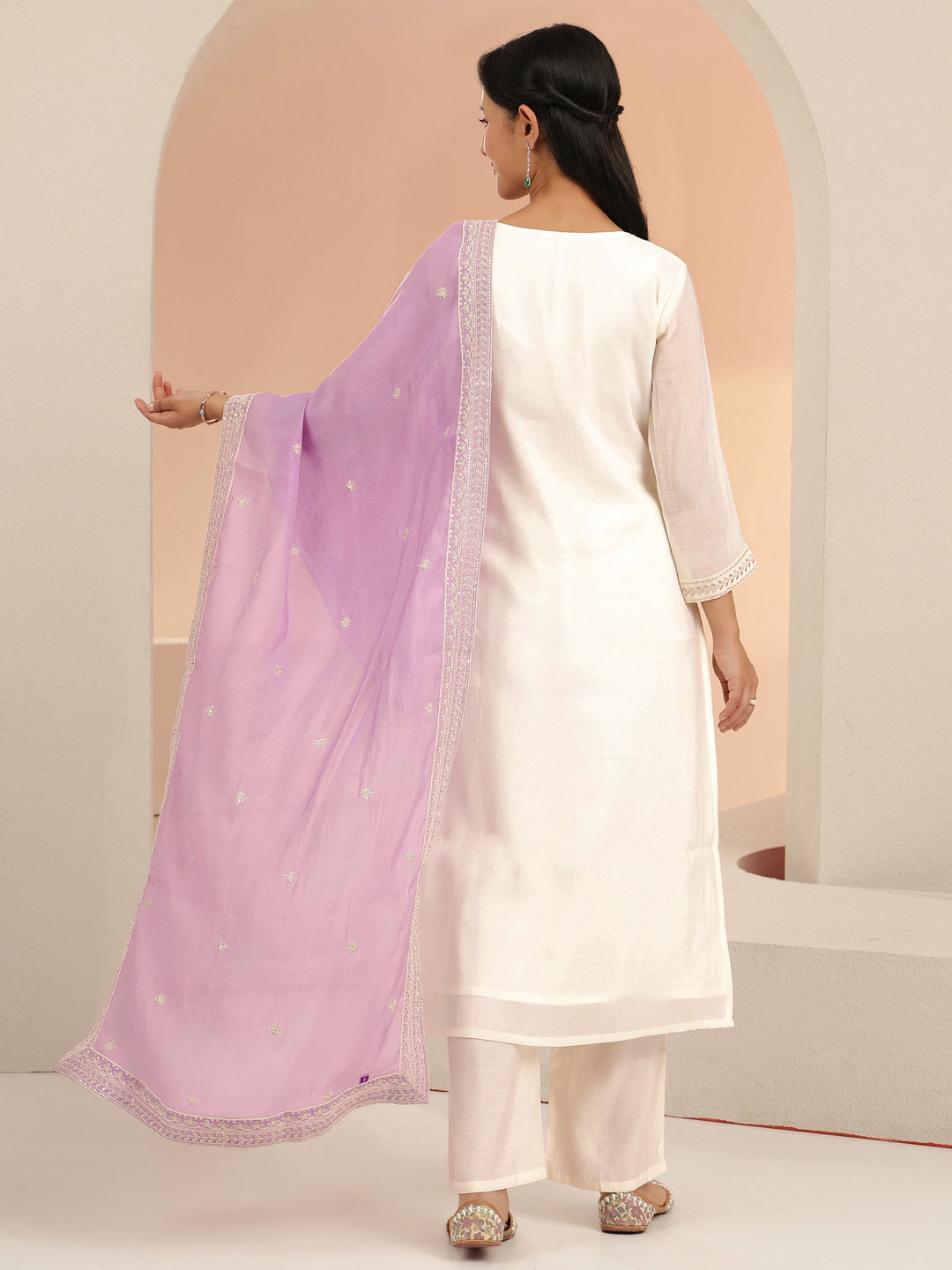Libas White Floral Embroidered Chanderi Cotton Straight Suit Set