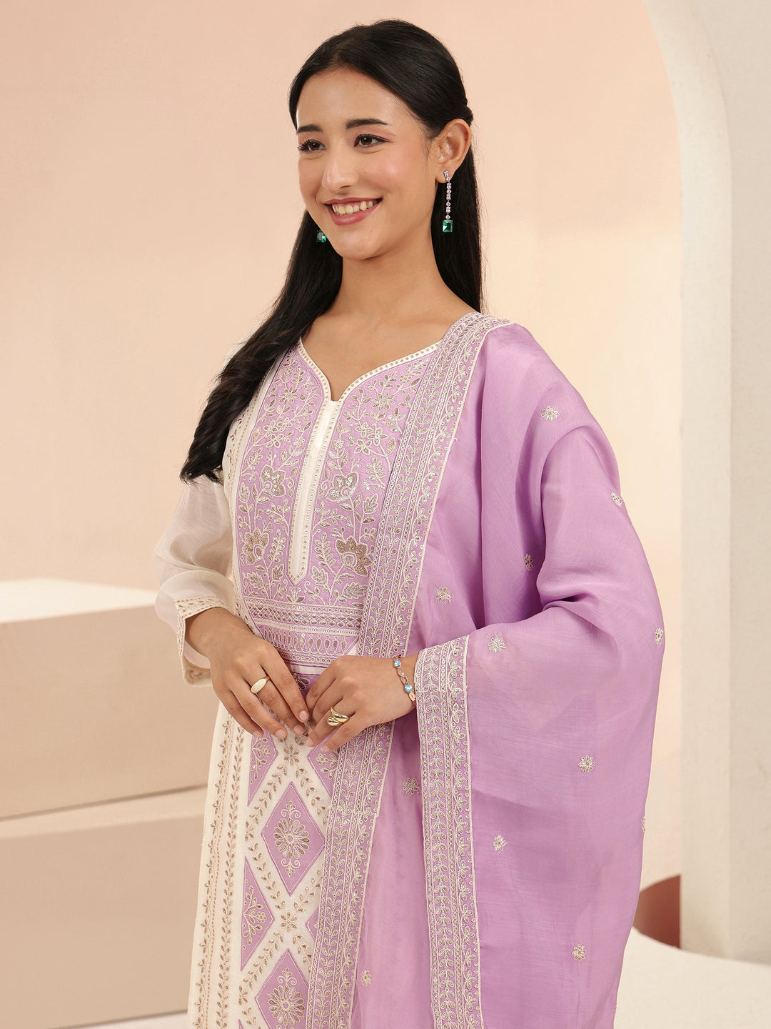Libas White Floral Embroidered Chanderi Cotton Straight Suit Set