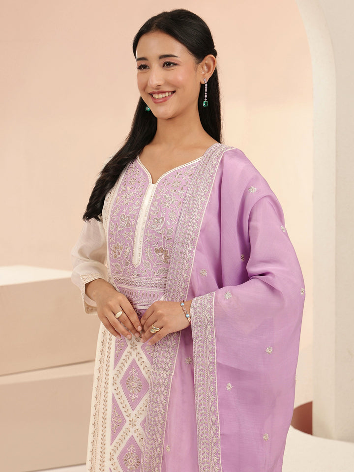 Libas White Floral Embroidered Chanderi Cotton Straight Suit Set
