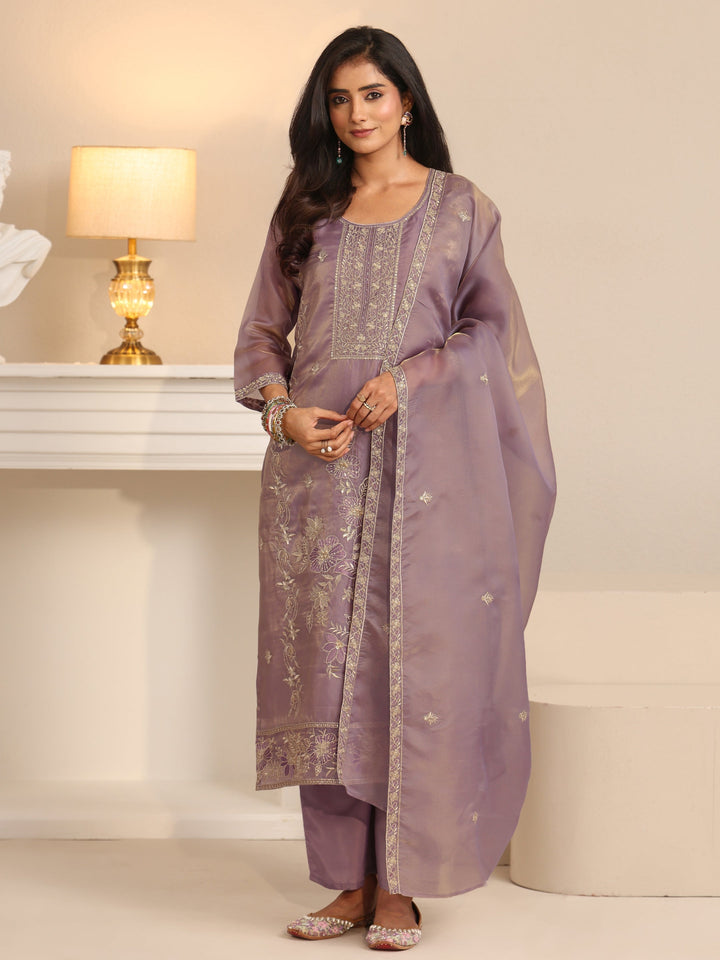 Libas Lavender Floral Embellished Tissue Straight Suit Set
