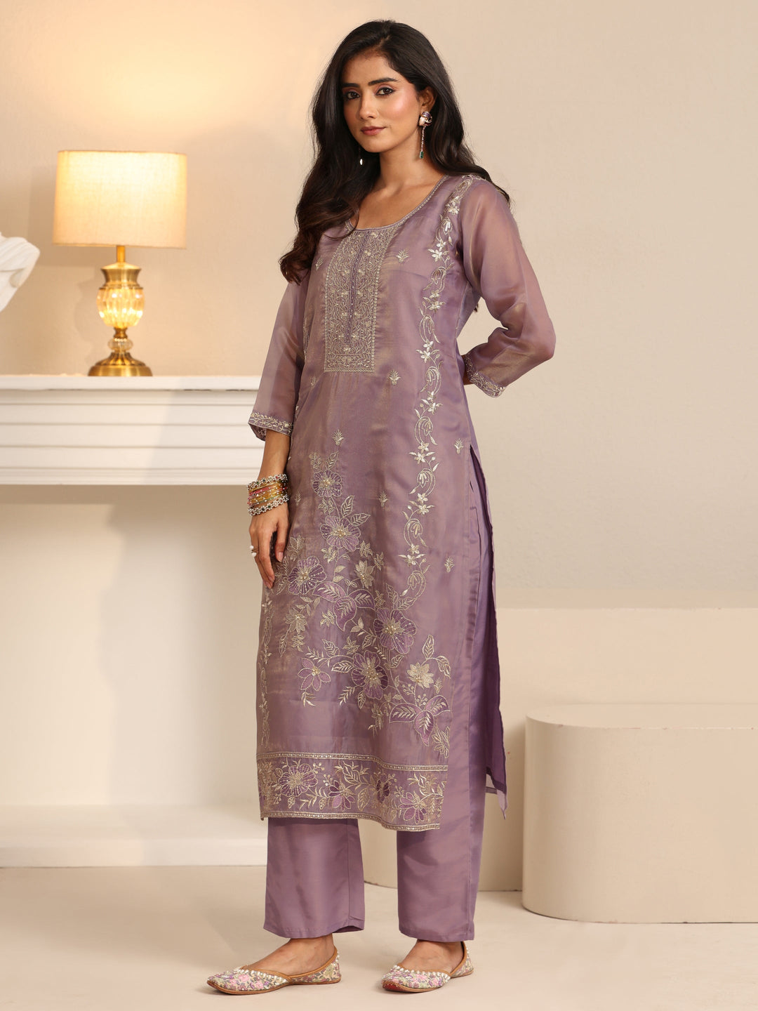 Libas Lavender Floral Embellished Tissue Straight Suit Set