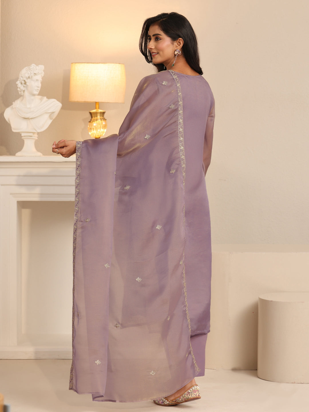 Libas Lavender Floral Embellished Tissue Straight Suit Set