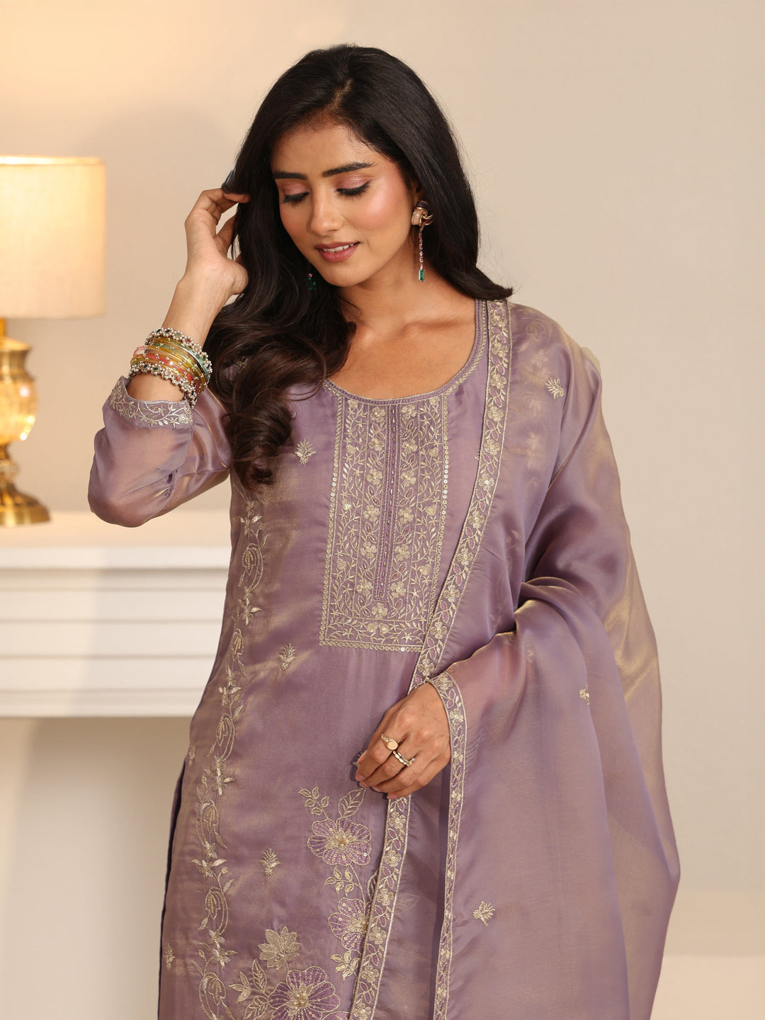 Libas Lavender Floral Embellished Tissue Straight Suit Set
