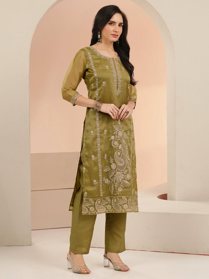 Libas Henna Yellow Paisley Embroidered Organza Straight Suit Set