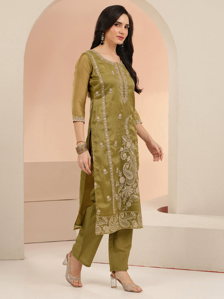 Libas Henna Yellow Paisley Embroidered Organza Straight Suit Set