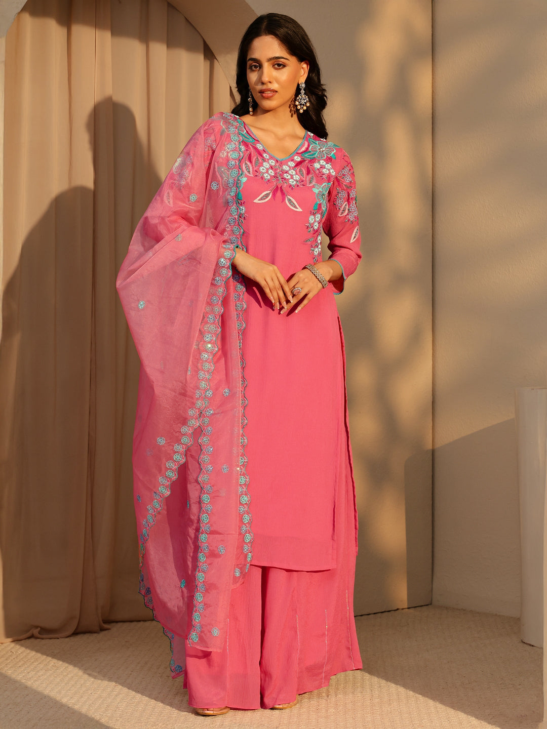 Libas Coral Floral Embroidered Chinon Palazzo Suit Set