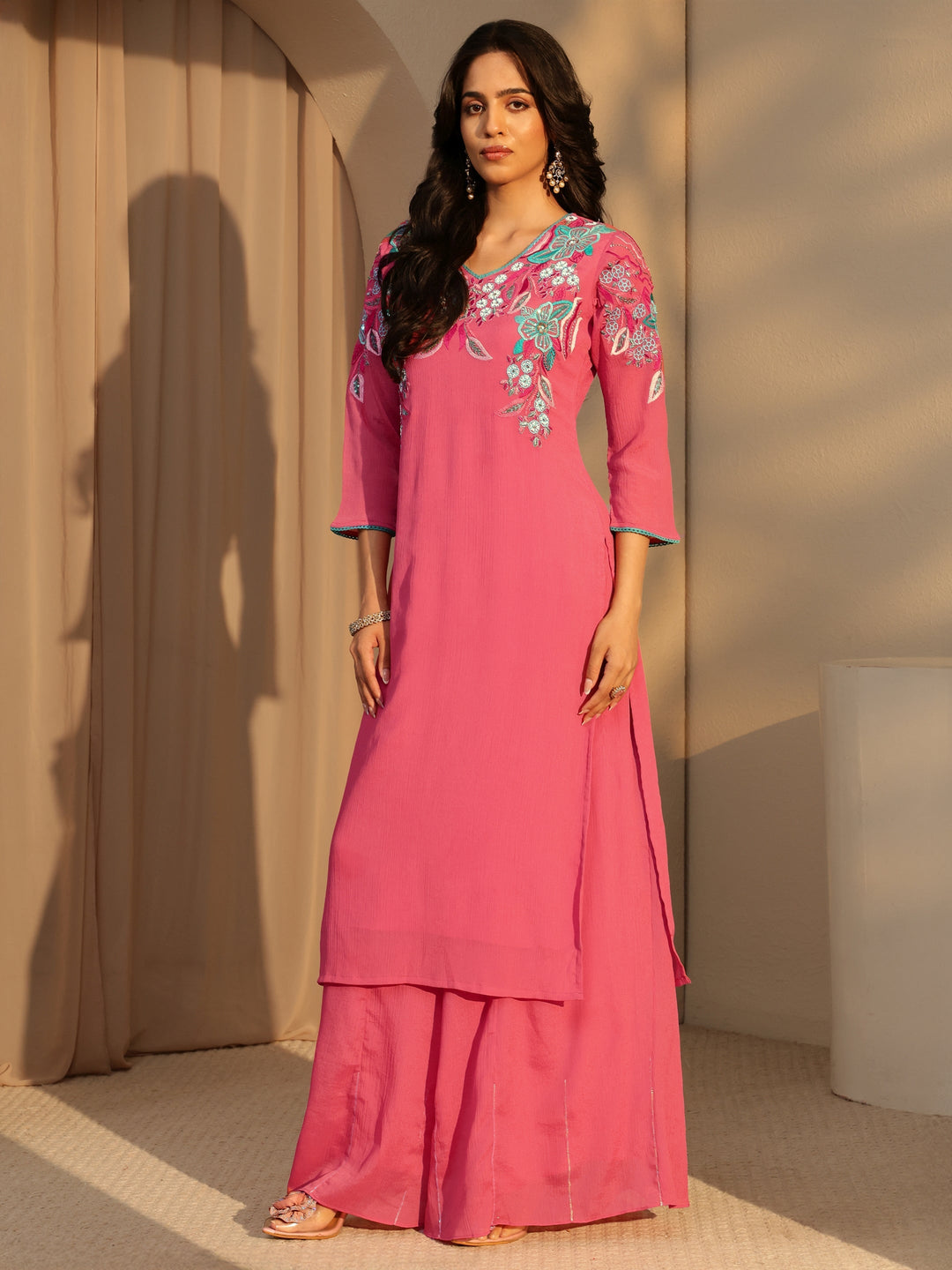 Libas Coral Floral Embroidered Chinon Palazzo Suit Set